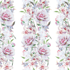 Bright seamless pattern with flowers. Rose. Watercolor illustration. Hand drawn. - 448714589