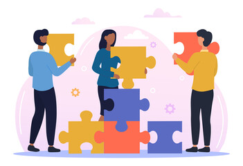 Male and female characters are connecting puzzle elements together. Group of people assembling puzzle. Concept of business teamwork, cooperation, partnership. Flat cartoon vector illustration