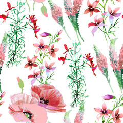 Poppies and wildflowers red watercolor on white background seamless pattern for all prints.