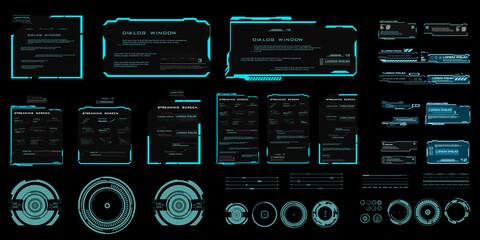 HUD futuristic user interface elements. Headings, technical levers, information boxes, frames and information blocks. Settings, options and interface elements