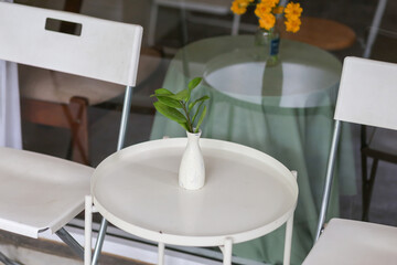 selective focus white vase with plants placed on a white iron table in front of a coffee shop-restaurant no one sitting at the shop The image has space for the text.