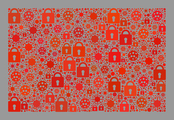 Mosaic covid lockdown red flag designed of locks and infection icons. Vector mosaic rectangle red flag organized for pandemic posters. Red flag collage is designed of randomized Covid-2019 icons.