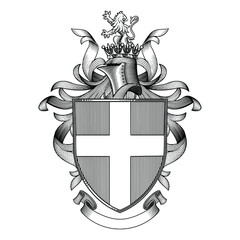 Illustration of coat of arms with a shield in a vintage woodcut style. 