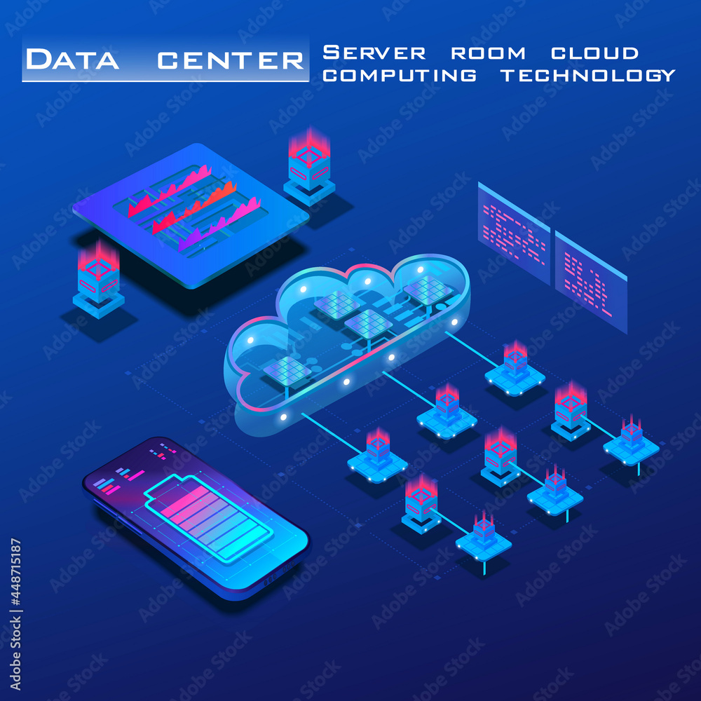 Poster cloud data storage. server room. the process of processing and storing data. central processing unit
