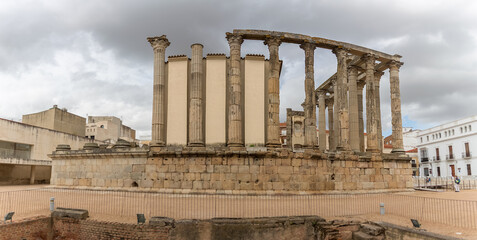 Full panoramic view at the roman ruin historical landmark monument Temple of Diana in Mérida downtown
