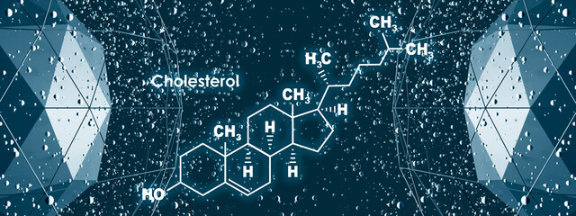 Formula of cholesterol. Connected lines with dots background.
