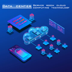 Cloud data storage. Server room. The process of processing and storing data. Central processing unit in an isometric view. Concept banner