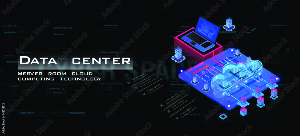 Poster server room with powerful processor for web hosting. isometric concept of data center and informatio