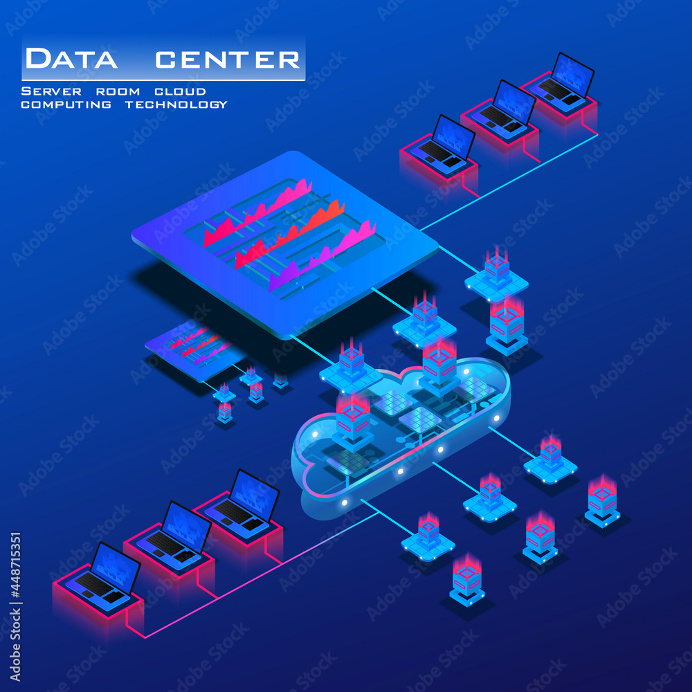 Poster server room with powerful processor for web hosting. isometric concept of data center and informatio