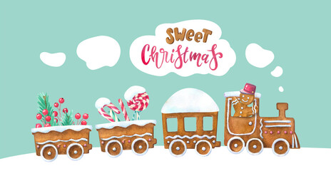 Sweet Christmas. Watercolor gingerbread train