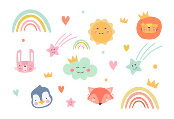 Collection of cute baby and kids illustrations on white background. Rainbow, cloud, star, elephant, rain, bunny, prince, crown, sun sky. Posters, greeting cards. Flat cartoon vector illustration