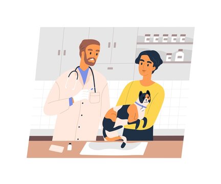 Pet owner holding cat in hands for vaccination in vet clinic. Animal and smiling veterinarian with syringe for vaccine shot in hospital. Flat vector illustration of people and kitty at doctor office