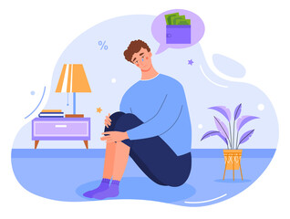 Depressed young male character crying over financial problems and debts. Concept of businessman broke, needing money, having unpaid loan. Bankruptcy, loss, crisis. Flat cartoon vector illustration