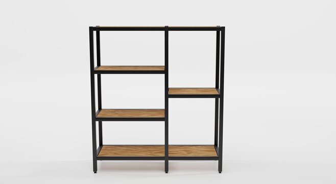 Wooden shelving with metal base, front view. Blank rack in loft style for interior office or home, modern design. Mockup shelves for storage isolated on white background. Realistic 3d illustration