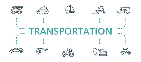 Transportation icon set. Contains editable icons theme such as tractor, yacht, digger and more