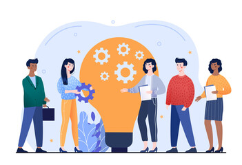 Business people are greeting new team members. Concept of company newcomers, personnel, adaptation of new employees. First days in company, new employees training. Flat cartoon vector illustration