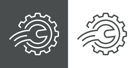 Maquinaria industrial. Logotipo engranaje con herramienta llave con lineas de velocidad en curva en fondo gris y fondo blanco