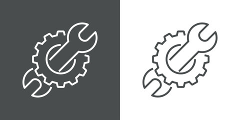 Maquinaria industrial. Logotipo engranaje con herramienta llave con lineas en fondo gris y fondo blanco