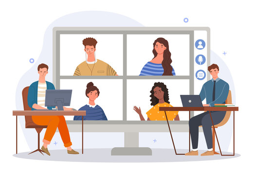 Male and female characters are having online business conference. Concept of online joint meeting, team thinking and brainstorming, company information analytics. Flat cartoon vector illustration