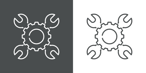 Maquinaria industrial. Logotipo engranaje con 2 herramienta llave en aspa con lineas en fondo gris y fondo blanco