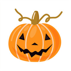 Halloween pumpkin with a cute, frightening face on a transparent background. Funny vegetable from the 2021 harvest for Thanksgiving. Isolated vector illustration.