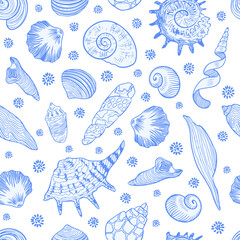 Handmade illustrations - seamless patterns of seashells. Marine background. Perfect for invitations, greeting cards, posters, banners, flyers, etc.