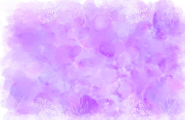 背景素材　滲んだ水彩絵具と植物　紫