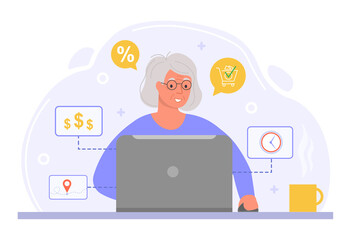 Cute elderly female character is shopping online on laptop at home. Concept of active life, modern technology in old age. Flat cartoon vector illustration