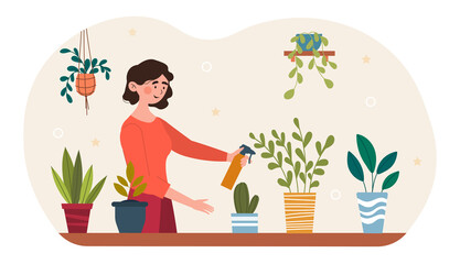 Young smiling female character is taking care of flowers at greenhouse or home garden. Cute woman is watering houseplants growing in pots. Flat cartoon vector illustration