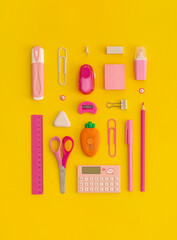 School stationery on a yellow background. Top view with copy space. Flat lay. Back to school concept.