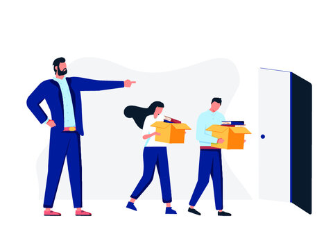 Businessman bankrupt dismiss group of employees. Dismissed business people. Fired office workers holds boxes with papers. Financial crisis and unemployment.Staff reduction concept.Vector illustration