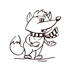 Cute fox character in scarf and mittens isolated on white background. Vector illustration in doodle style.