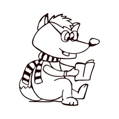 Cute fox character in glasses, scarf and mittens reads a book, isolated on white background. Vector illustration in doodle style.