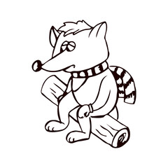 Cute fox character in a scarf and mittens sits on a log sad. Doodle style vector illustration isolated on white background