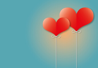 Red heart shaped balloon on blue background, greeting design for Valentines day or Wedding, Holiday illustration for greeting card, Love concept, space for text, paper cut design style.