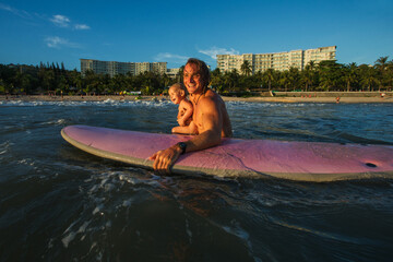 Father and Daughter Surfing Together, Summer Lifestyle Family Concept
