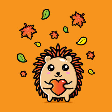 cute hedgehog animal character vector design hugging heart in autumn