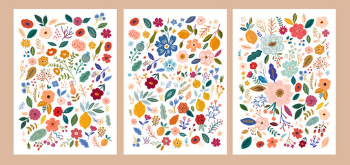 Beautiful flower collection of posters with roses, leaves, floral bouquets, flower compositions. Notebook covers