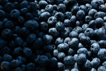 Fresh natural blueberry background. Water drops on ripe sweet blueberries.Macro texture of blueberries. Healthy eating. Vegan and vegetarian concepts.