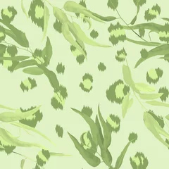 Muurstickers Foliage seamless pattern, eucalyptus leaves with leopard skin in green © momosama