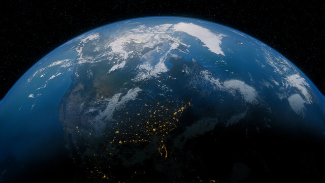 Earth in Space. Photorealistic 3D Render of the World, with views of USA and North America. Global Concept.