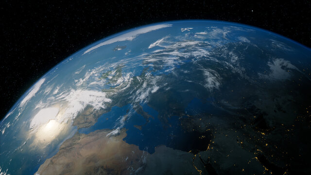 Earth in Space. Photorealistic 3D Render of the World, with views of Italy and Europe. Climate Concept.