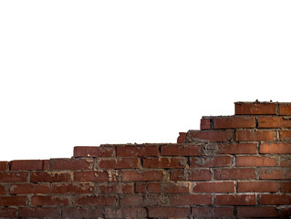 A part of the red brick wall with irregularities of cement mortar in the contour light isolated on a white background