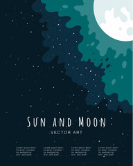 Moon. Sky. Nature. Modern flat vector poster illustration of natural background. Moonlight Festival feeling. Holiday Feeling. Drawings from the hand of the sun and moon. 