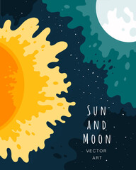 Moon. Sky. Nature. Modern flat vector poster illustration of natural background. Moonlight Festival feeling. Holiday Feeling. Drawings from the hand of the sun and moon. 