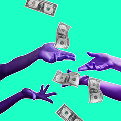 Painted purple hands catching money on bright neon background, artwork. Concept of human relation,...