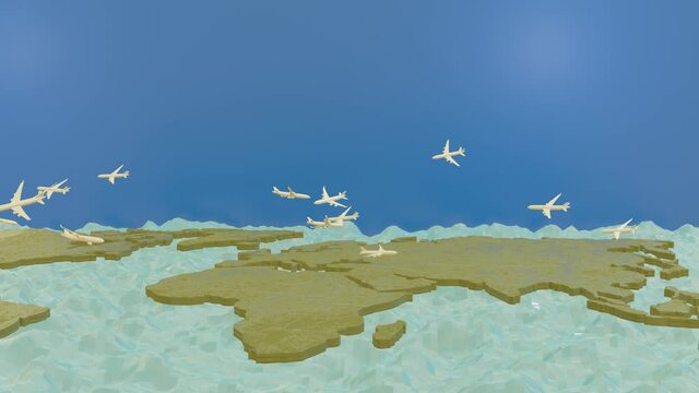 three-dimensional models of passenger planes flying over a schematic map of the world. passenger transport concept. 3d render