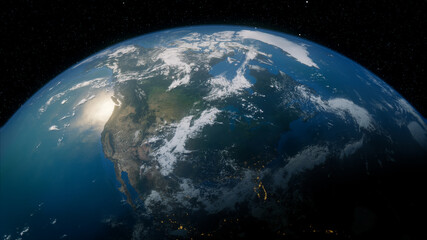 Earth in Space. Photorealistic 3D Render of the World, with views of USA and North America. Global Concept.