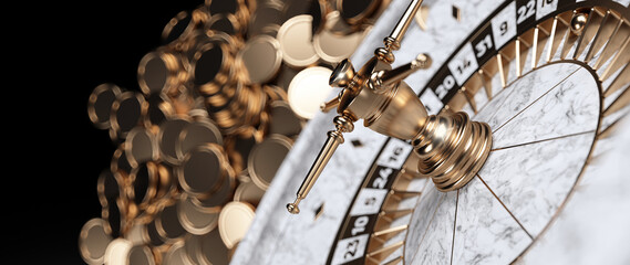 Roulette Wheel And Coins, Modern Wihte Marble And Golden Isolated On The Black Background. Close Up. Empty Space For Logo Or Text - 3D Illustration	
