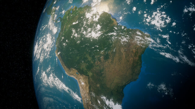 Earth in Space. Photorealistic 3D Render of the World, with views of Brazil and South America. Environment Concept.